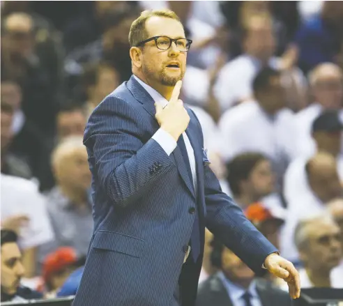  ?? ERNEST DOROSZUK / POSTMEDIA NEWS ?? Toronto Raptors head coach Nick Nurse had to employ several different lineups to get through the season, and now stands just one win away from a trip to the Eastern Conference Finals.