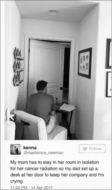  ??  ?? Newman posted the sweet photo of Jon setting up his desk outside his wife’s room while he worked – just to be near her. — Photo from Newman’s Twitter account