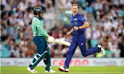 ?? ?? Nathan Ellis (right) celebrates after taking the wicket of Oval Invincible’s Jason Roy for a golden duck. Photograph: John Walton/PA