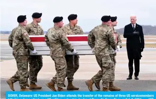  ?? - AFP ?? DOVER, Delaware: US President Joe Biden attends the transfer of the remains of three US servicemem­bers killed in a drone attack on a US military outpost in Jordan at Dover Air Force Base on Feb. 2, 2024.