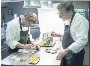  ??  ?? Chef Jordi Roca, left, of three-Michelin-starred Spanish restaurant El Celler de Can Roca creates poetic pastries on Season 1 of Netflix’s hit “Chef’s Table: Pastry.”