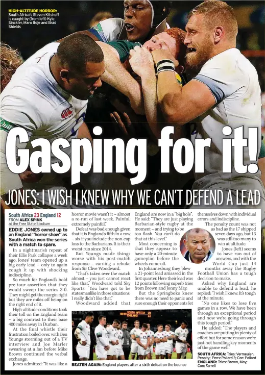  ??  ?? HIGH-ALTITUDE HORROR: South Africa’s Steven Kitshoff is caught by (from left) Kyle Sinckler, Maro Itoje and Brad Shields BEATEN AGAIN: England players after a sixth defeat on the bounce