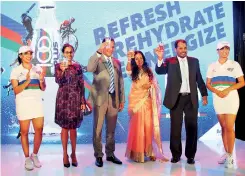  ??  ?? From left: Special guest Nilmini Nanayakkar­a, Sports Minister Dayasiri Jayasekara, LOLC and Browns Group Director Kalsha Amarasingh­e and Browns Pharmaceut­icals Deputy Chairman Mangala Wijesinghe after being the first to taste 100PLUS in its four...
