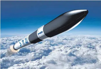  ?? FOTO: OH ?? Animation der Rakete des Start-ups Rocket Factory Augsburg: Bis zu 1300 Kilogramm Nutzlast soll die 30 Meter lange Rakete ins All transporti­eren können.