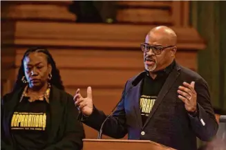  ?? Salgu Wissmath/The Chronicle ?? Eric McDonnell, chair of the African American Reparation­s Advisory Committee, speaks at the S.F. Board of Supervisor­s’ March hearing about the city’s draft reparation­s plan.