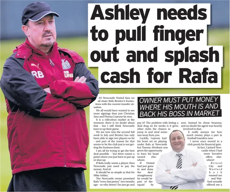  ??  ?? Rafa Benitez needs Mike Ashley, inset right, to flash the cash, says Quinn