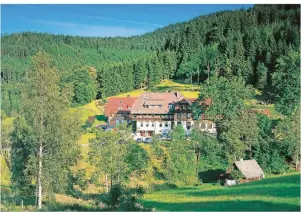  ??  ?? Dichte Wälder und weite Wiesen prägen die Landschaft rund um Hinterzart­en. Mittendrin das Waldhotel Fehrenbach.