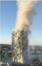  ?? NATALIE OXFORD ?? Flames and smoke spews from Grenfell Tower, a 27-storey block of apartments, after a fire broke out in west London. The tower, had 120 flats.