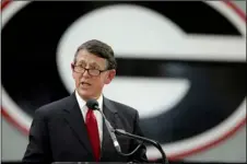  ?? JOHN ROARK/ATHENS ?? In this 2017 file photo, Georgia athletics director Greg McGarity speaks during a dedication ceremony for the university’s new indoor athletic training facility in Athens, Ga.