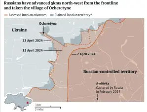  ?? ?? Source: the Institute for the Study of War with AEI’s Critical Threats Project. *Areas ISW assesses Russian forces have operated in or launched attacks against but do not control. 10pm local time, 22 April 2024