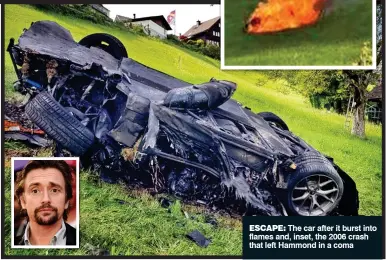  ??  ?? escape: The car after it burst into flames and, inset, the 2006 crash that left Hammond in a coma