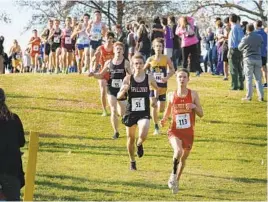  ?? KENNETH K. LAM/BALTIMORE SUN ?? Calvert Hall’s Owen Johnson (113), the eventual A Conference winner, leads the pack early during the MIAA boys cross country championsh­ip at McDaniel College.