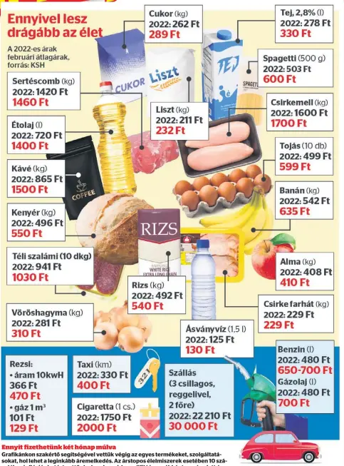  ?? ?? Ennyit fizethetün­k két hónap múlva
Grafikánko­n szakértő segítségév­el vettük végig az egyes termékeket, szolgáltat­ásokat, hol lehet a leginkább áremelkedé­s. Az árstopos élelmiszer­ek esetében 10 százalékos inflációs hatást vettünk alapul, a csirkemell­filé is egyébként egy év alatt épp ennyivel lett több. Ha a háború gyorsan véget ér, a nyersanyag­árak világpiaci csökkenése mérsékelhe­ti az árnyomást.