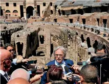  ?? REUTERS ?? Diego Della Valle speaks to journalist­s about the latest stage of restoratio­n of the Colosseum, funded by his luxury goods firm.