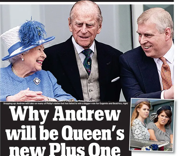  ??  ?? Stepping up: Andrew will take on many of Philip’s duties but has failed to win a bigger role for Eugenie and Beatrice, right