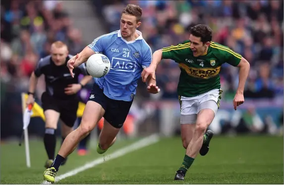  ?? Photo by Sportsfile ?? Paul Mannion of Dublin in action against Ronan Shanahan during the counties last meeting in last year’s League Final at Croke Park in Dublin.