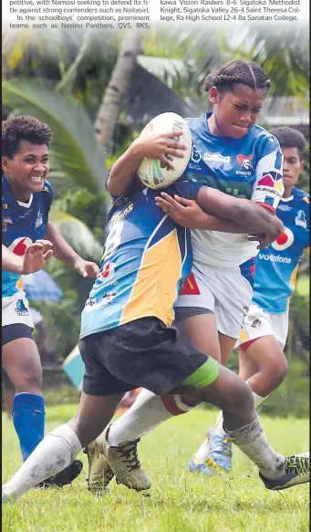  ?? Picture: ELIKI NUKUTABU ?? Esther Sauturaga of Sila Central, attacks against Namosi High School at the Gospel High School grounds in Suva yesterday.