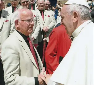  ??  ?? Super 8 member Owen Rafferty met His Holiness Pope Francis in Rome.