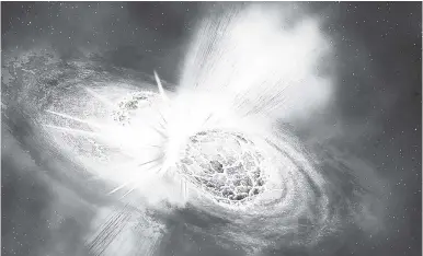  ?? AP ?? This illustrati­on provided by the Carnegie Institutio­n for Science, depicts the collision of two neutron stars detected on August 17. The explosion threw matter, light, radiation, and gravitatio­nal waves into space. The discovery was reported yesterday.