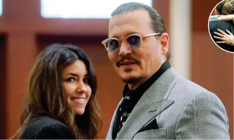  ?? (Lapresse) ?? In tribunale Johnny Depp con la sua avvocata Camille Vasquez, 36 anni, dello studio Brown Rudnick di Los Angeles, nel tribunale di Fairfax in Virginia dove è in corso il processo per diffamazio­ne «Depp contro Amber». Sopra, un loro abbraccio in aula