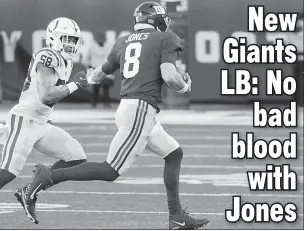  ?? Corey Sipkin ?? BOB’S JOB: Bobby Okereke, then with the Colts, chases Giants QB Daniel Jones on New Year’s Day. Okereke was introduced Thursday as a Giant.