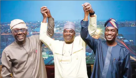  ??  ?? L-R: All Progressiv­es Congress (APC) governorsh­ip candidate in Lagos State, Mr. Babajide Olusola Sanwo-Olu; King Wasiu Ayinde Marshal; and APC deputy governorsh­ip candidate, Dr. Kadir Obafemi Hamzat, during the visit of king marshal and his formal endorsemen­t of SanwoOlu and his deputy, at BOS Media Center in Lagos....yesterday