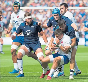  ??  ?? Sean Maitland, seen tacking France’s Thomas Ramos, is looking forward to the challenge of playing in Tbilisi.