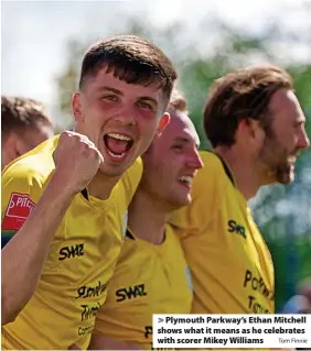  ?? Tom Finnie ?? Plymouth Parkway’s Ethan Mitchell shows what it means as he celebrates with scorer Mikey Williams