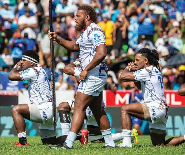  ?? Photo: Leon Lord ?? Swire Shipping Fijian Drua captain Tevita Ikanivere leads the i-bole against the Blues at Churchill Park, Lautoka, April 29, 2023.