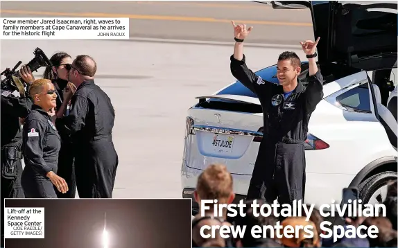  ?? JOHN RAOUX ?? Crew member Jared Isaacman, right, waves to family members at Cape Canaveral as he arrives for the historic flight