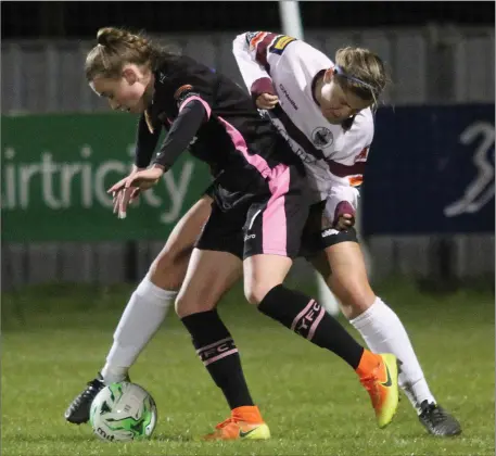  ??  ?? Clair e O’Riordan of Wexford Youths holds off the challenge of Keara Cormican of Galway WFC during their recent league game.