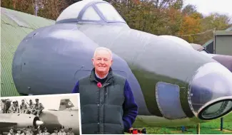  ??  ?? Memories: Robin Kirkham and the Canberra B(i)8 nose section at the Norfolk and Suffolk Aviation Museum. Inset, standing far right, beside his beloved plane in 1968