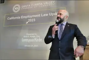  ?? Dan Watson/ The Signal ?? Brian Koegle of Greenspoon Marder speaks during the Santa Clarita Valley Chamber of Commerce 2023 Employment Law Update held at the Santa Clarita Valley Senior Center at Bella Vida on Tuesday.