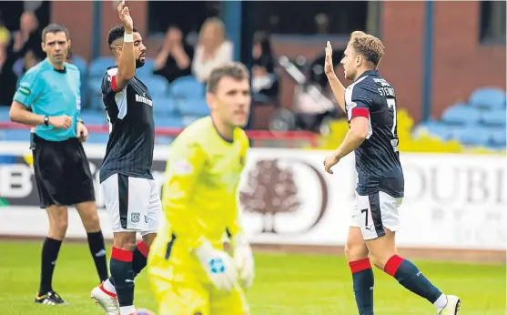  ?? Picture: SNS Group. ?? Greg Stewart goes to celebrate with strike partner Kane Hemmings after completing his hat-trick.