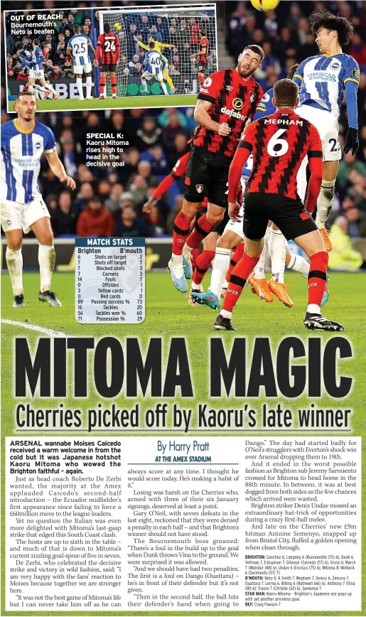  ?? ?? OUT OF REACH: Bournemout­h’s Neto is beaten
SPECIAL K: Kaoru Mitoma rises high to head in the decisive goal
MATCH STATS Brighton B’mouth 6 Shots on target 2 7 Shots off target 7 7 Blocked shots 3 7 Corners 3 14 Fouls 7 0 Offsides 1 3 Yellow cards 1 0 Red cards 0 89 Passing success % 73 16 Tackles 20 56 Tackles won % 60 71 Possession % 29