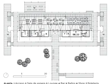  ??  ?? PLANTA. 1 Acceso 2 Sala de espera 3 Lounge 4 Bar 5 Baños 6 Shop 7 Boletería
8 Administra­ción 9 Cocina 10 Apoyos 11 Dársena vehicular 12 Terraza 13 Muelles.