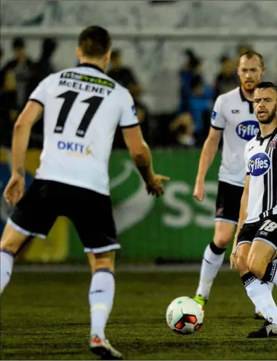  ??  ?? Robbie Benson of Dundalk in action against Ryan Curran of Finn Harps during the Premier Division game between