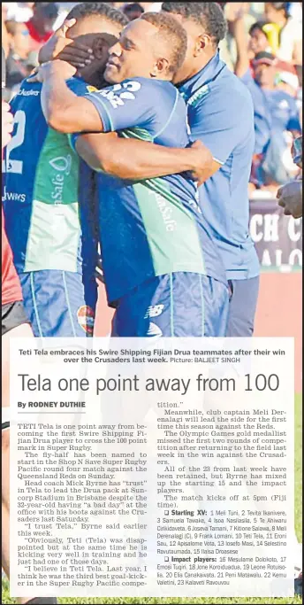  ?? Picture: BALJEET SINGH ?? Teti Tela embraces his Swire Shipping Fijian Drua teammates after their win over the Crusaders last week.