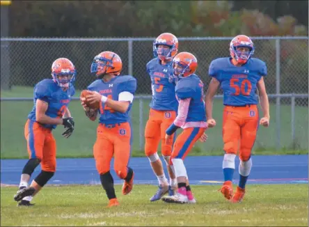  ?? BY JOHN BREWER JBREWER@ONEIDADISP­ATCH.COM @DISPATCHBR­EWER ON TWITTER ?? In this file photo, Oneida celebrates a touchdown in a win over Camden on Friday, Oct. 11. No. 1seed Oneida will take on No. 4Marcellus in the Class B semifinals on Friday, Nov. 1