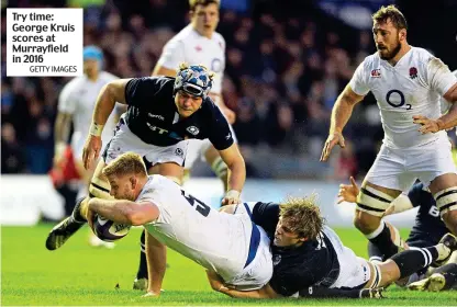  ?? GETTY IMAGES ?? Try time: George Kruis scores at Murrayfiel­d in 2016