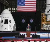  ?? Paul Hennessy / Getty Images ?? Donald Trump speaks at NASA’s Vehicle Assembly Building following the launch of a Falcon 9 rocket with the Crew Dragon spacecraft from the Kennedy Space Center on May 30.