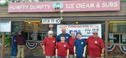  ?? NICHOLAS BUONANNO — NBUONANNO@TROYRECORD.COM ?? Humpty Dumpty Ice Cream and Subs in Saratoga on Saturday celebrates 50 years of one family owning the shop. From left are Jean Bishop, Jason Jennings, Brenda Jennings, Ron Bishop, along with Jared and Brady Jennings.