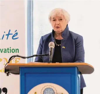  ?? Stefan Kleinowitz/Associated Press ?? U.S. Treasury Secretary Janet Yellen delivers a speech to the General Delegation for Rapid Entreprene­urship of Women and Youth in Dakar, Senegal, on Friday. The Biden administra­tion's push to engage more with Africa is underway as Yellen begins a 10-day visit aimed at promoting the economic possibilit­ies that lie between the U.S. and the world's second-largest continent.