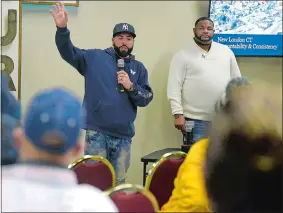  ?? SARAH GORDON/THE DAY ?? Angel Aybar, with T.H.E. Church, speaks during the New London Accountabi­lity and Consistenc­y Open Forum at the organizati­on’s location on Bank Street on Monday.