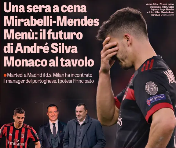  ??  ?? André Silva , 22 anni, prima stagione al Milan. Sotto l’agente Jorge Mendes e il d.s. Milan Massimilia­no Mirabelli AP/AFP/LAPRESSE