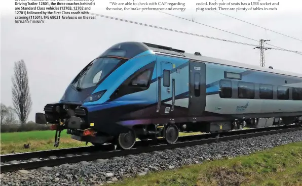  ?? RICHARD CLINNICK. ?? During a photostop, the first rake of Mk 5As stands at Pnov-Pfedhradi on the Velim test track. Led by Driving Trailer 12801, the three coaches behind it are Standard Class vehicles (12703, 12702 and 12701) followed by the First Class coach with...