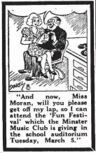  ??  ?? A 1921 AD FROM THE COMMUNITY POST, ABOVE LEFT; 1971 MINSTER HIGH SCHOOL BAND OFFICERS; AND A 1946 CARTOON PROMOTING A FUN FESTIVAL.