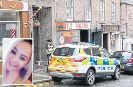  ??  ?? Police outside the flat in Brechin where 23-year-old Neomi Smith, inset, died in June last year.