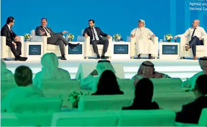  ?? — Photo by M. Sajjad ?? Stefan Hickmott, Ali Kassab, Zaid Al Qufaidi and Henrik Von Scheel talk about the impact of new technology on the workforce during the ‘Man vs Machine’ panel discussion on the second day of the fourth Sharjah FDI Forum on Tuesday.