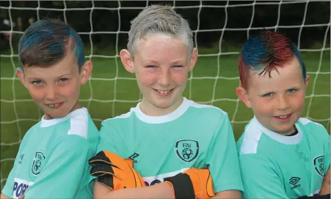  ??  ?? Harry Goff, Jack Turner and Conor Burke at the FAI Summer Soccer School at St Cormac’s FC grounds, Boolavogue